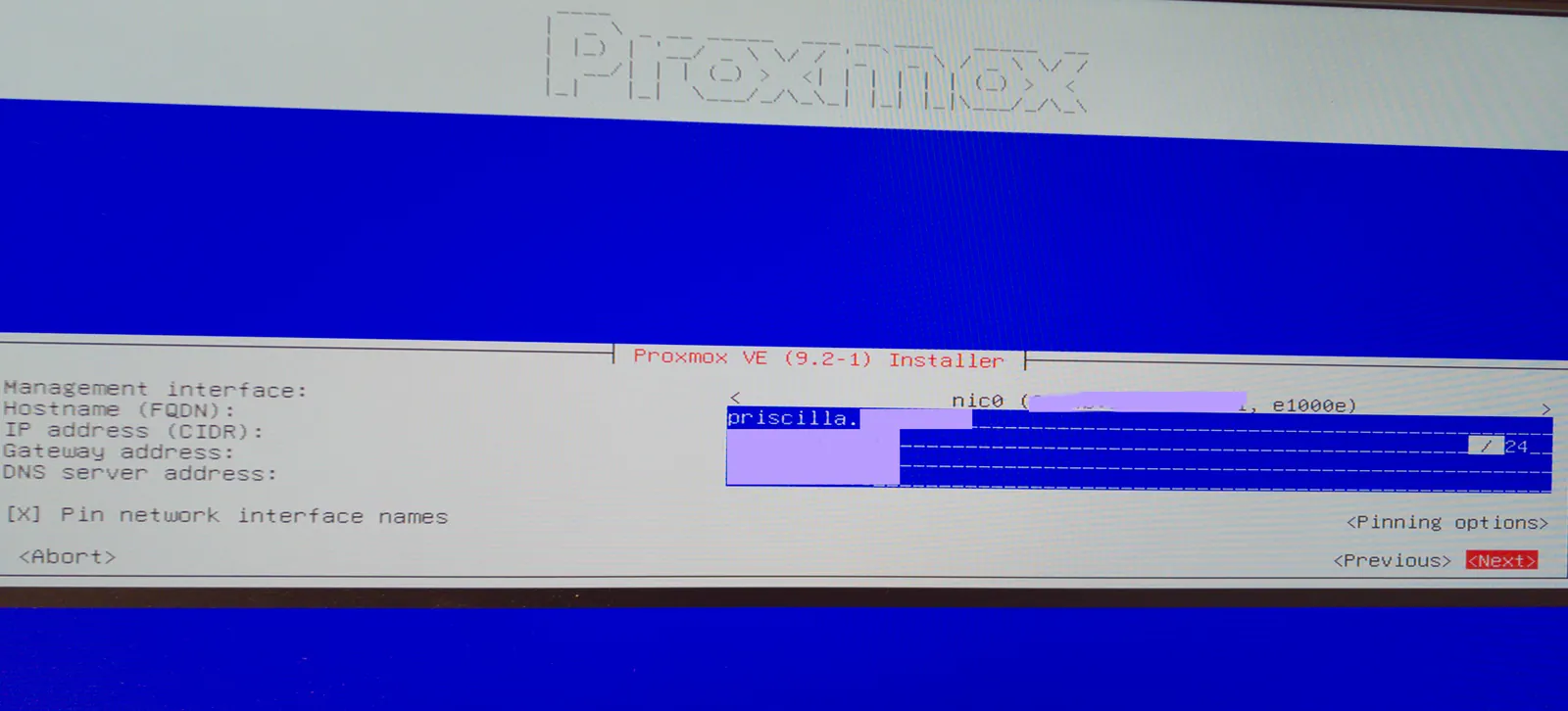 The network screen with the management interface nic0, the hostname priscilla and the addresses blanked out