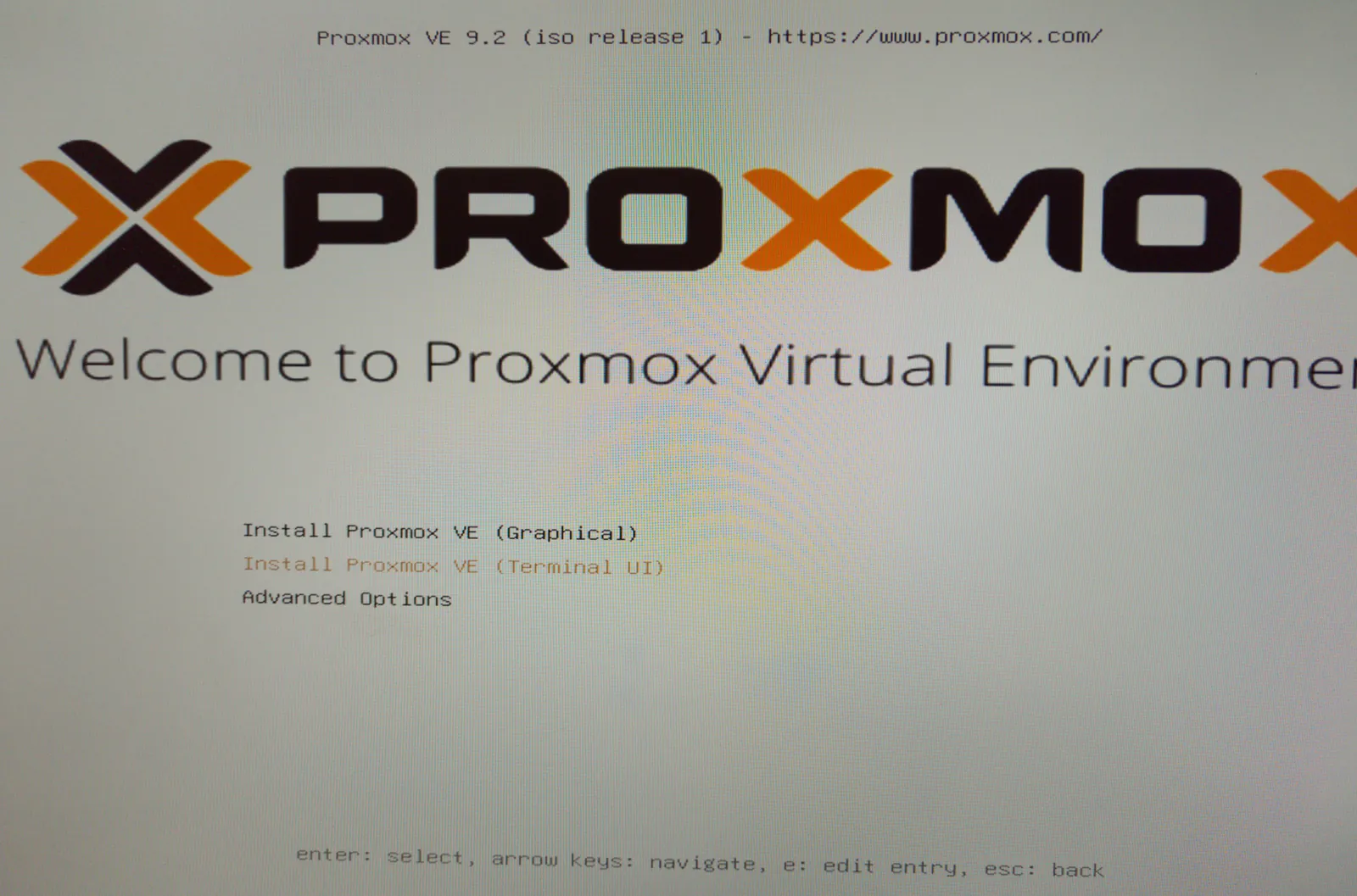 The Proxmox VE 9.2 installer’s boot menu, with Install Proxmox VE (Terminal UI) selected