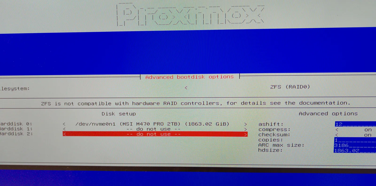 The advanced options with only the NVMe drive used, the two other disks set to do not use, and ashift 12, compression and checksum on
