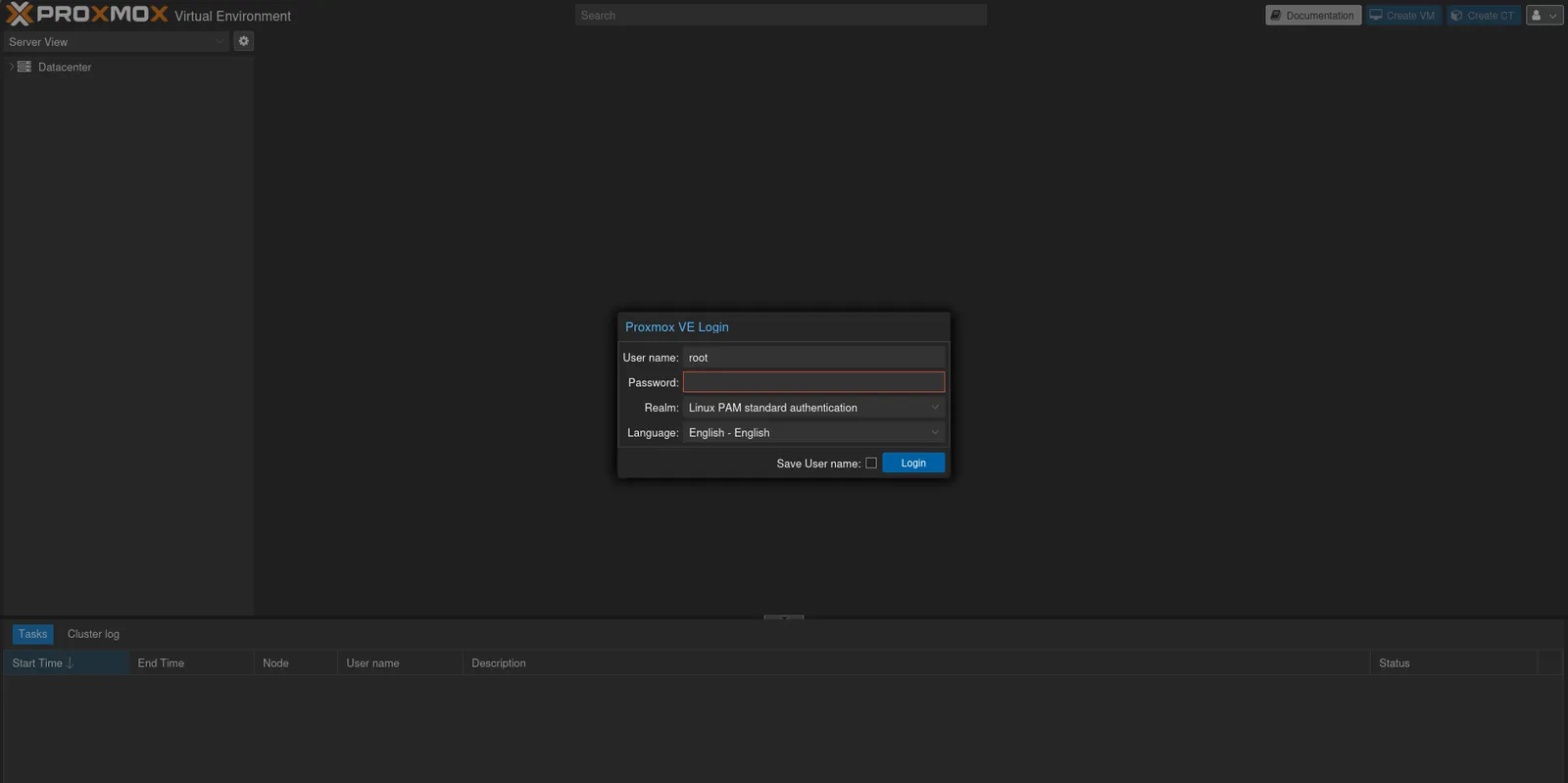 The Proxmox VE login dialog, with the user name root and the realm Linux PAM standard authentication