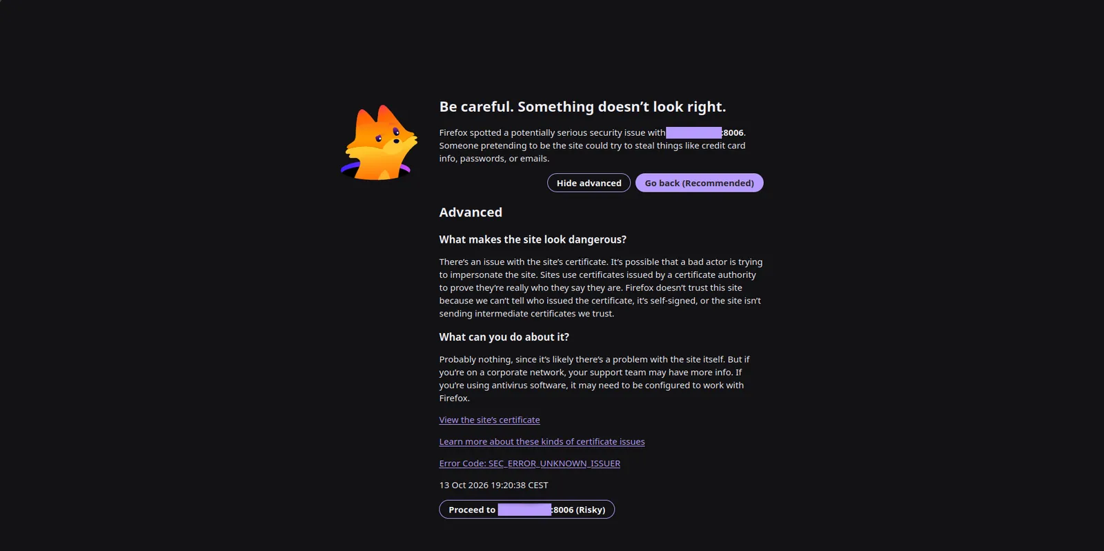 Firefox’s warning about the server’s self-signed certificate, with the button to proceed at the bottom