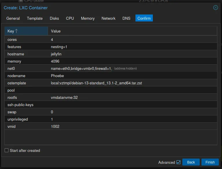 The Confirm tab: cores 4, features nesting=1, hostname jellyfin, memory 4096, net0 on vmbr0 with the firewall on and the address hidden, the Debian 13 template, rootfs vmdatanvme:32, swap 0, unprivileged 1, vmid 1002