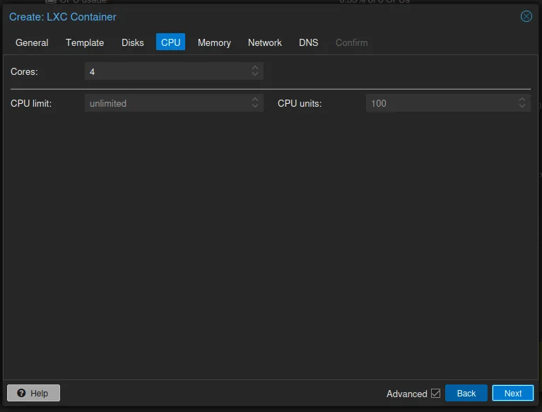 The CPU tab: 4 cores, CPU limit unlimited, CPU units 100