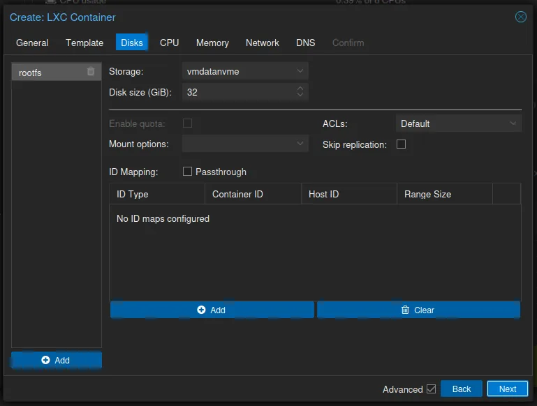 The Disks tab: rootfs on storage vmdatanvme, disk size 32 GiB
