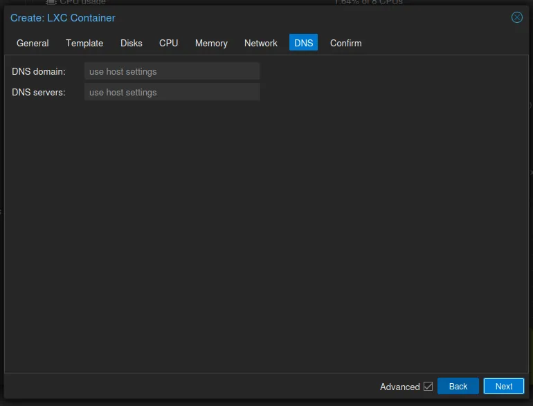 The DNS tab: DNS domain and DNS servers both “use host settings”