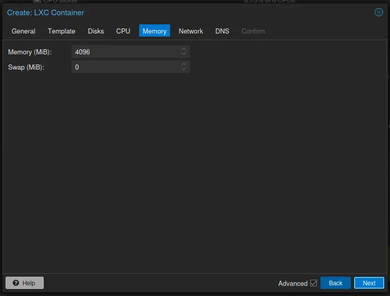 The Memory tab: memory 4096 MiB, swap 0 MiB