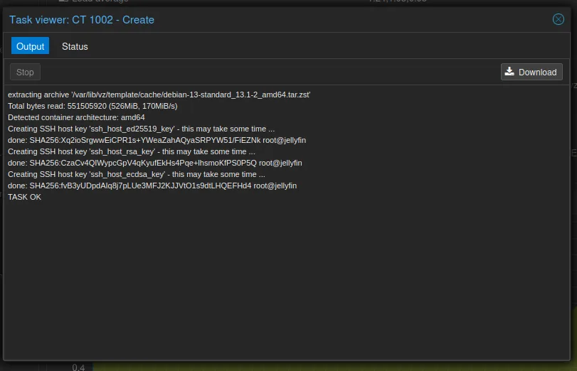 The task log for CT 1002 - Create: the template unpacked (526 MiB), SSH host keys created, TASK OK