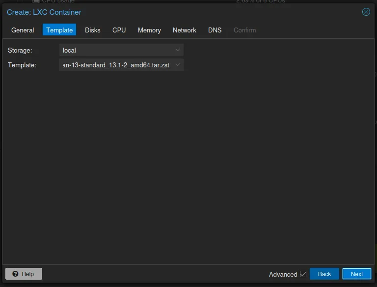The Template tab: storage local, template debian-13-standard_13.1-2_amd64.tar.zst