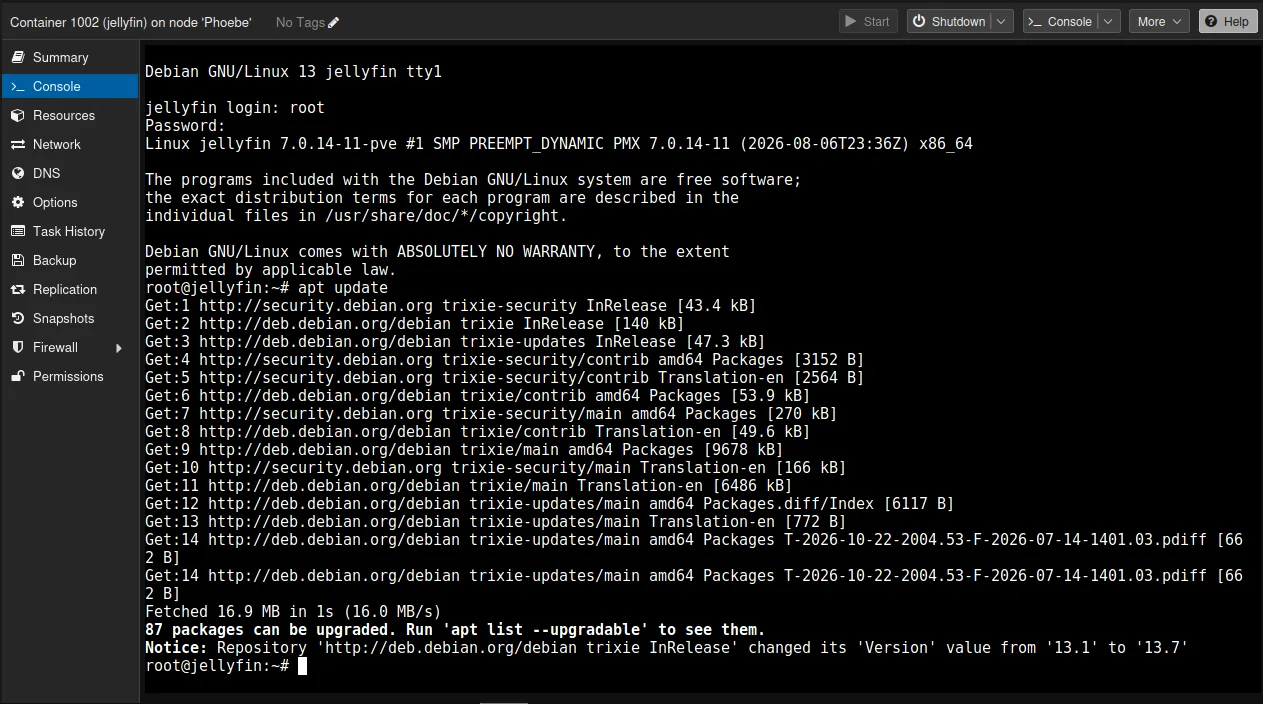 The container’s console: apt update fetching from deb.debian.org and security.debian.org, “87 packages can be upgraded”, and a notice that the repository changed its version from 13.1 to 13.7