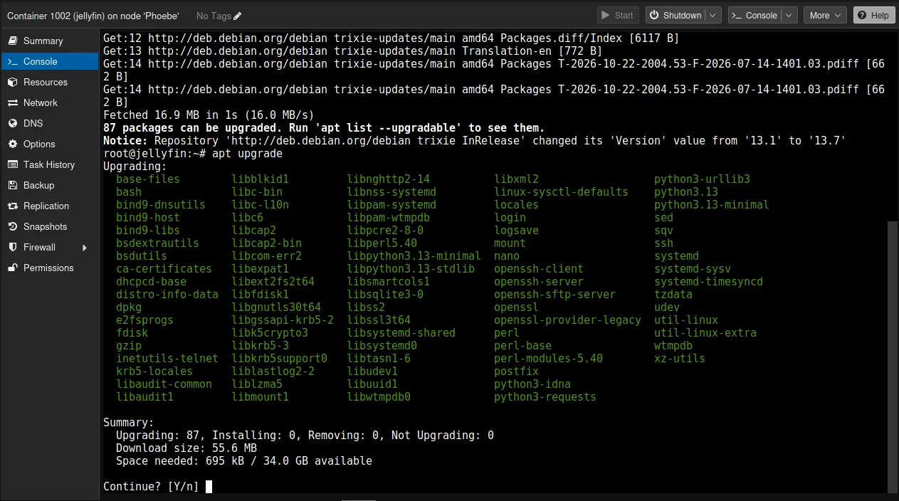 apt upgrade listing the 87 packages, from base-files and bash to xz-utils, with 55.6 MB to download and “Continue? [Y/n]”