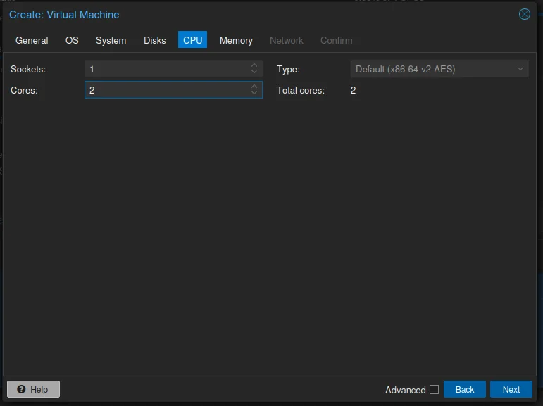 The CPU tab: 1 socket, 2 cores, type Default (x86-64-v2-AES), 2 cores in total