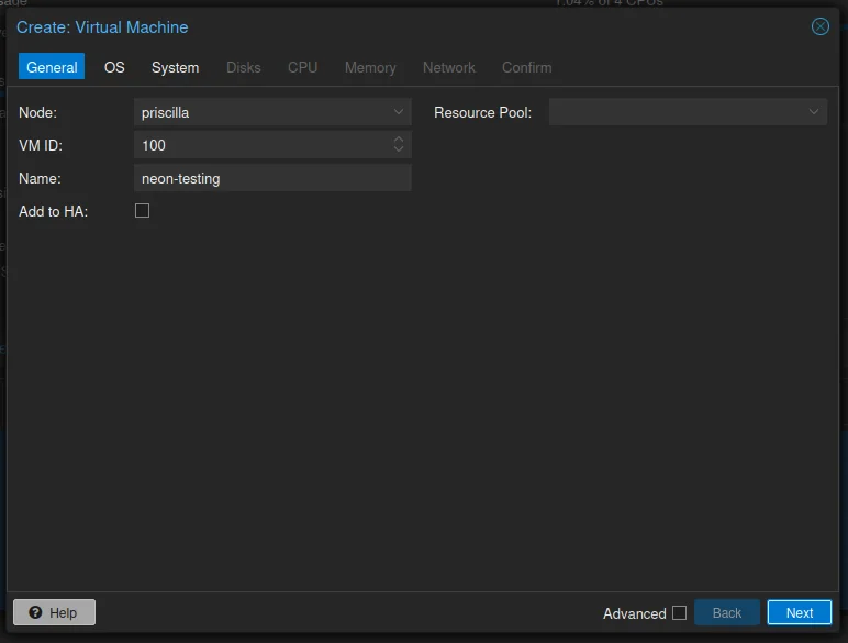 The General tab: node priscilla, VM ID 100, name neon-testing