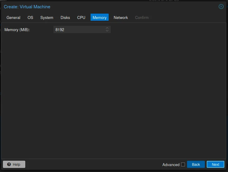 The Memory tab with 8192 MiB