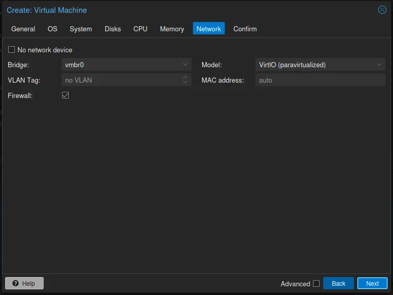 The Network tab: bridge vmbr0, no VLAN, model VirtIO (paravirtualized), MAC address auto, Firewall ticked