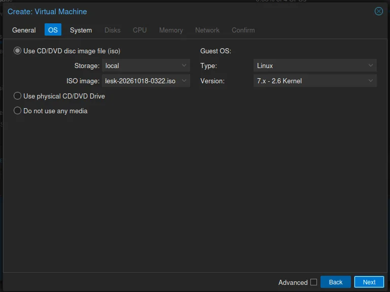 The OS tab: the KDE neon ISO on local, guest OS type Linux, version 7.x - 2.6 Kernel