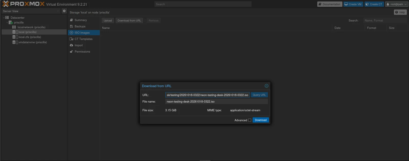 The Download from URL dialog on the storage local, with the KDE neon testing ISO’s address, file name and size filled in