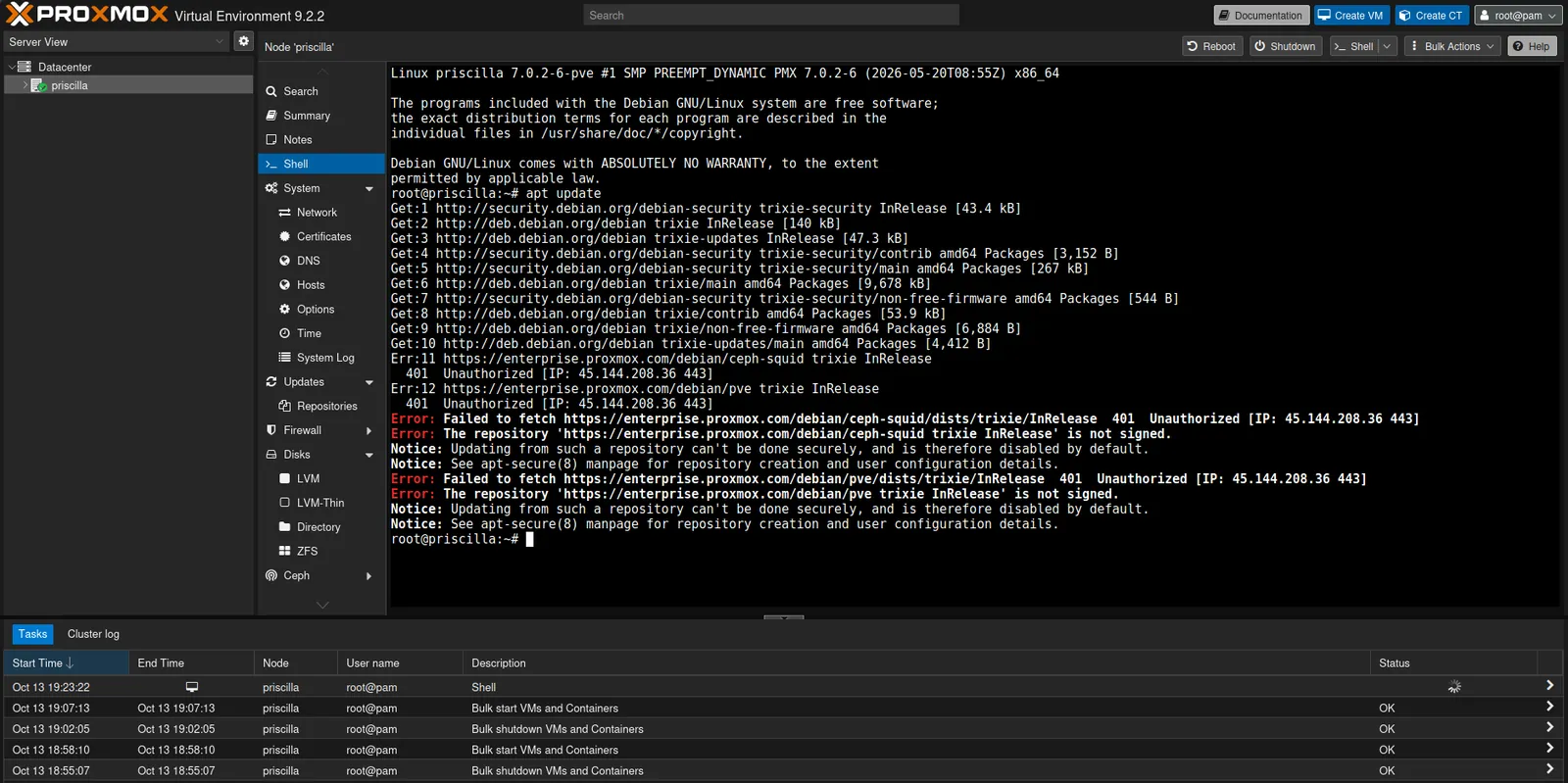 apt update in the Shell, failing on the two enterprise repositories with 401 Unauthorized