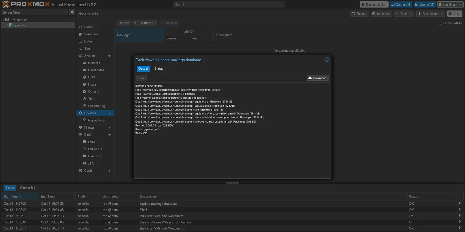 The task viewer for Update package database, ending in TASK OK