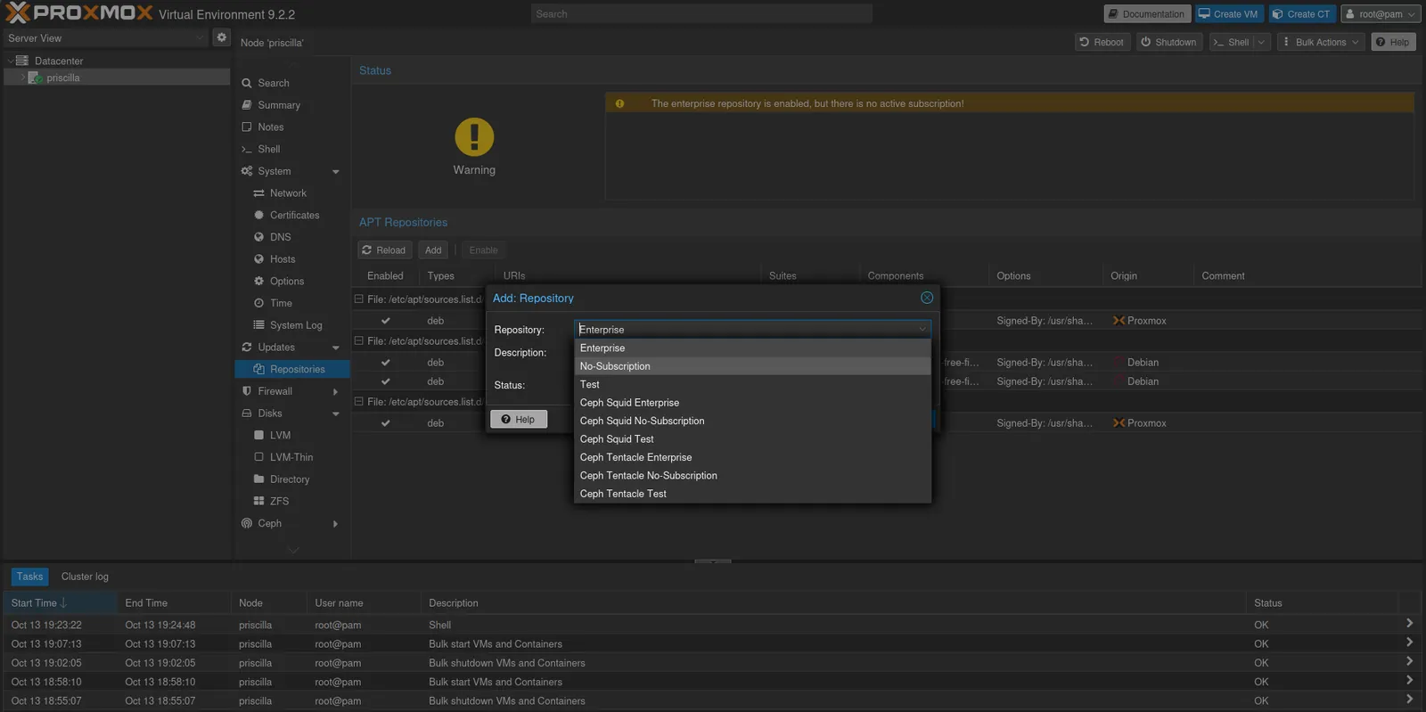 The Add Repository dialog with its list: Enterprise, No-Subscription, Test and the same three for each Ceph version