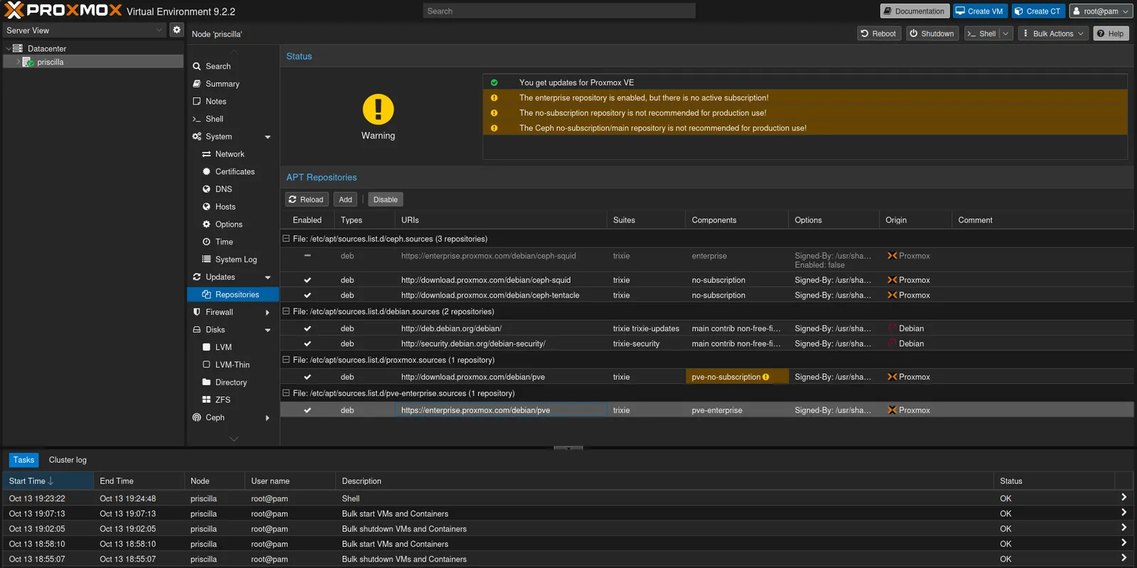 The APT Repositories page with the Ceph enterprise line disabled, pve-no-subscription added and pve-enterprise selected