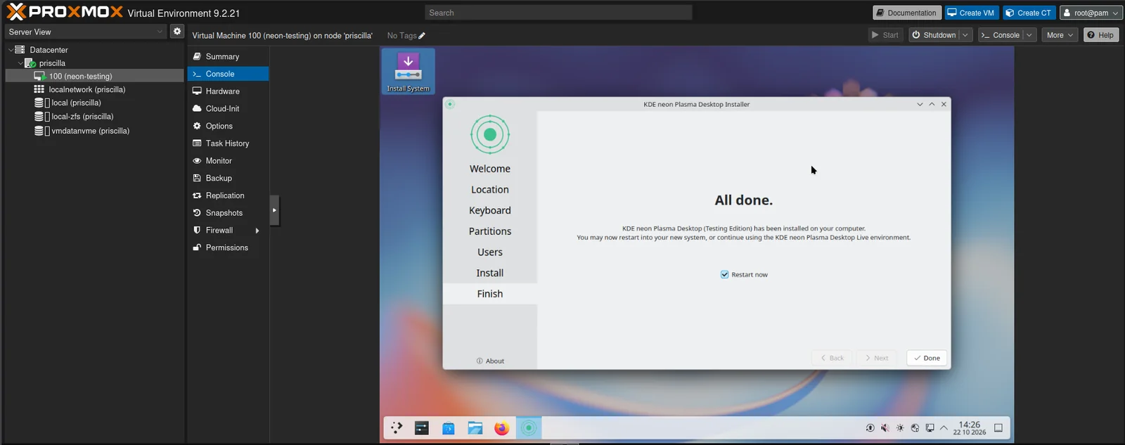 The installer’s last page: All done, KDE neon Plasma Desktop (Testing Edition) has been installed, with Restart now ticked