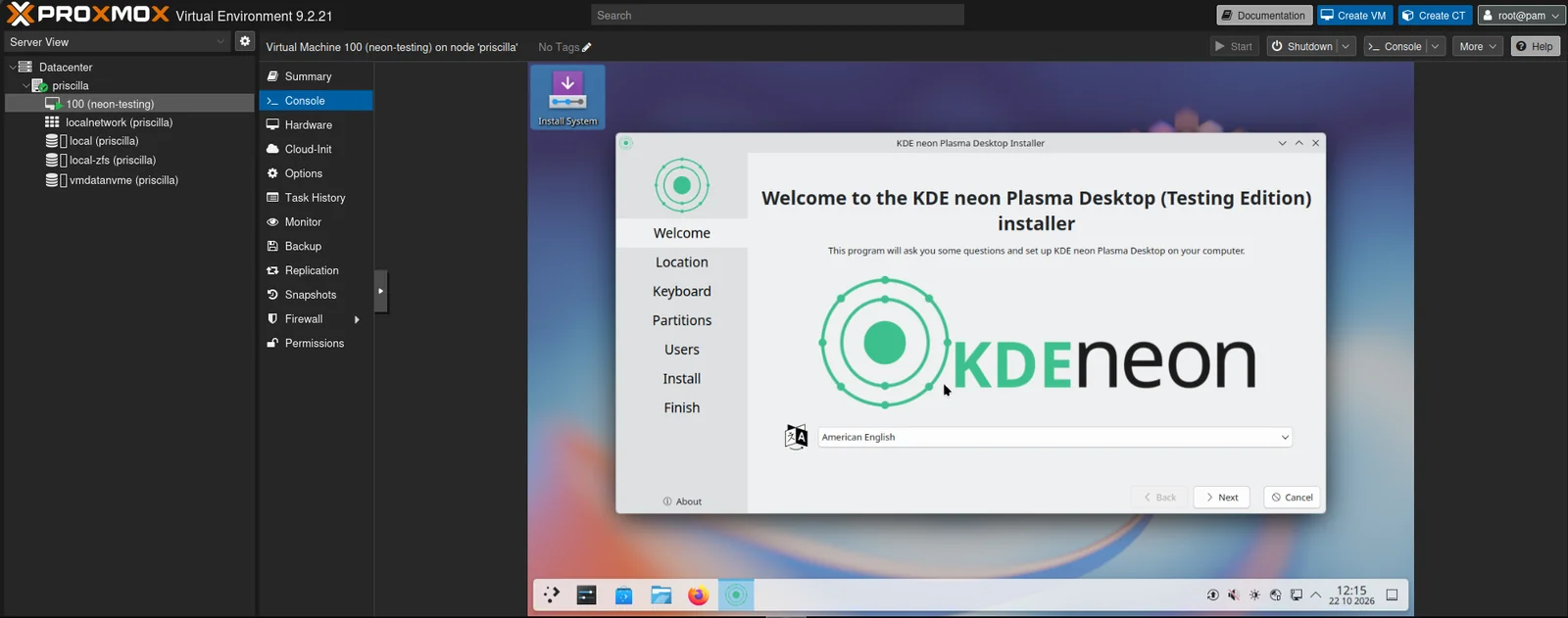 The KDE neon Plasma Desktop (Testing Edition) installer’s welcome page, with the steps Welcome, Location, Keyboard, Partitions, Users, Install and Finish