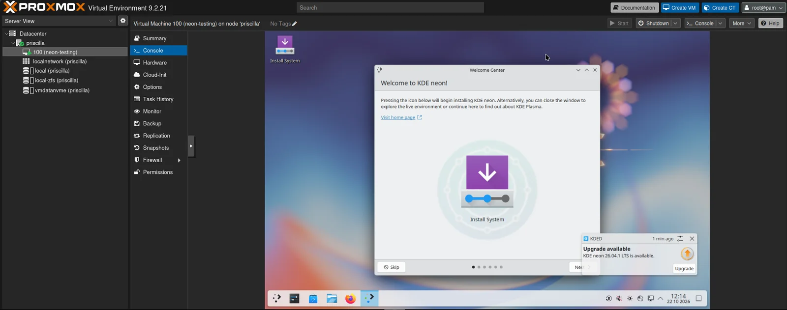 The VM’s console: the KDE neon live desktop with the Welcome Center and the Install System icon