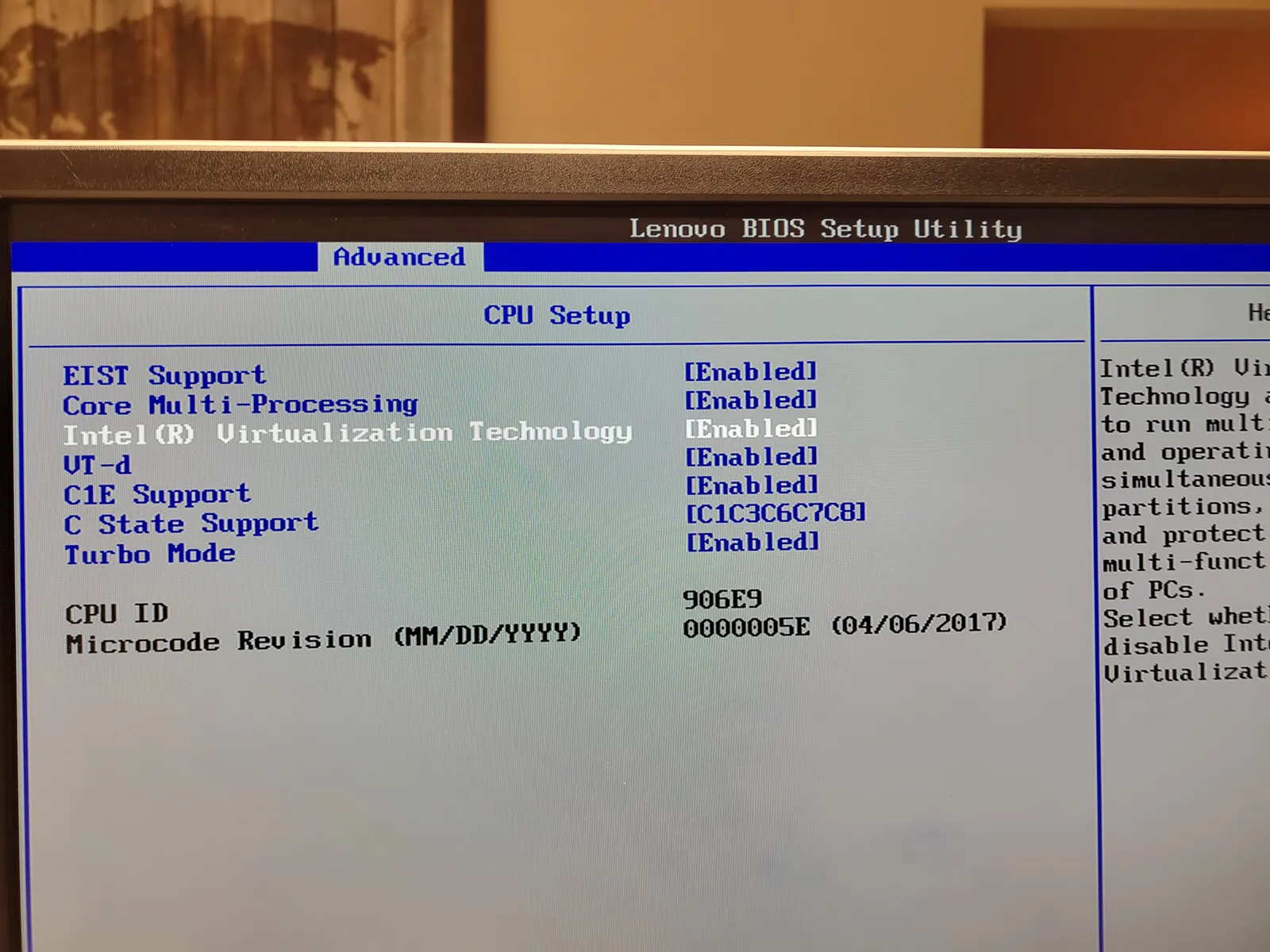 The CPU Setup page in the M710q’s BIOS, with Intel Virtualization Technology and VT-d enabled
