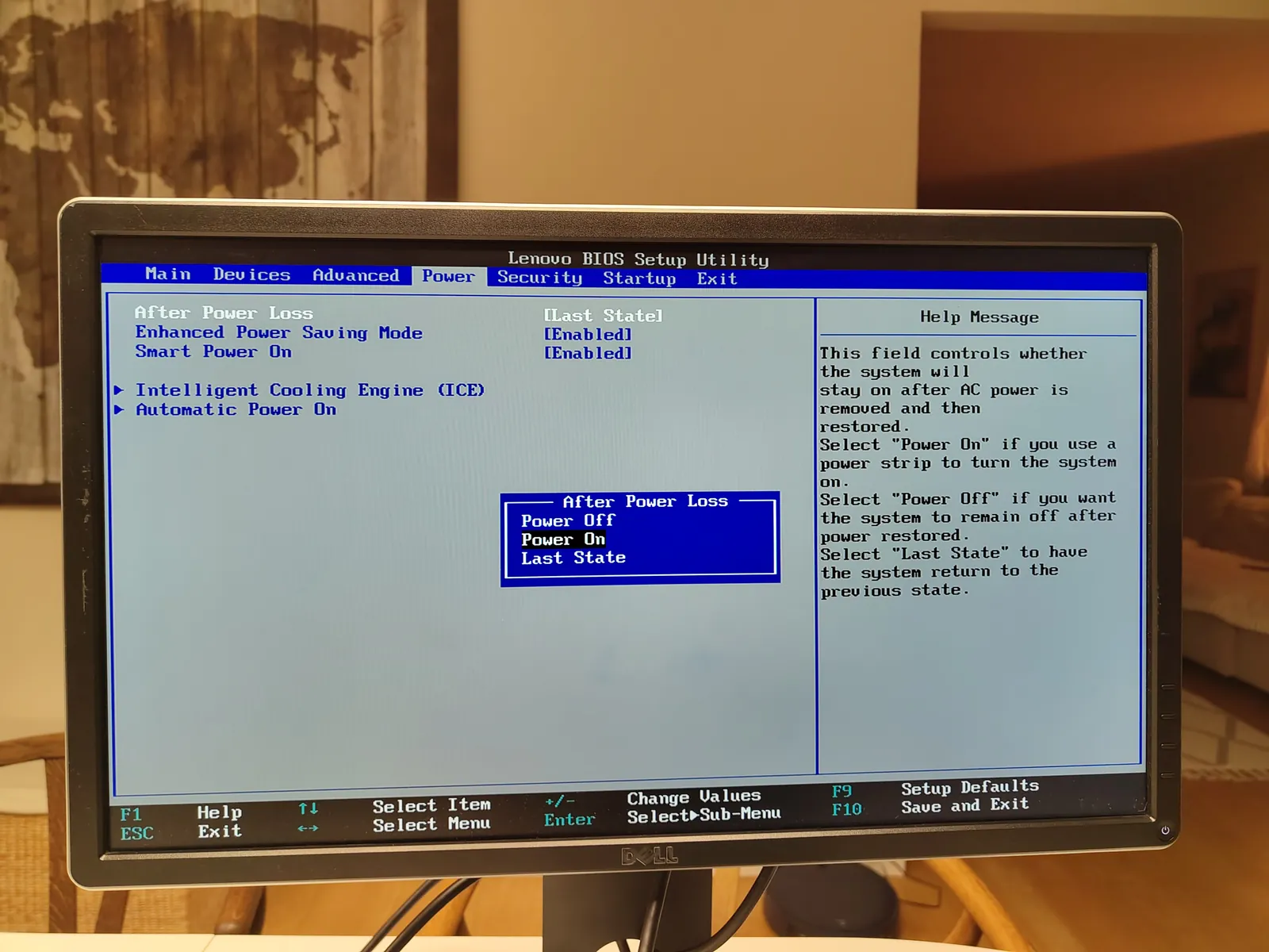 The After Power Loss setting in the M710q’s BIOS, with the choices Power Off, Power On and Last State