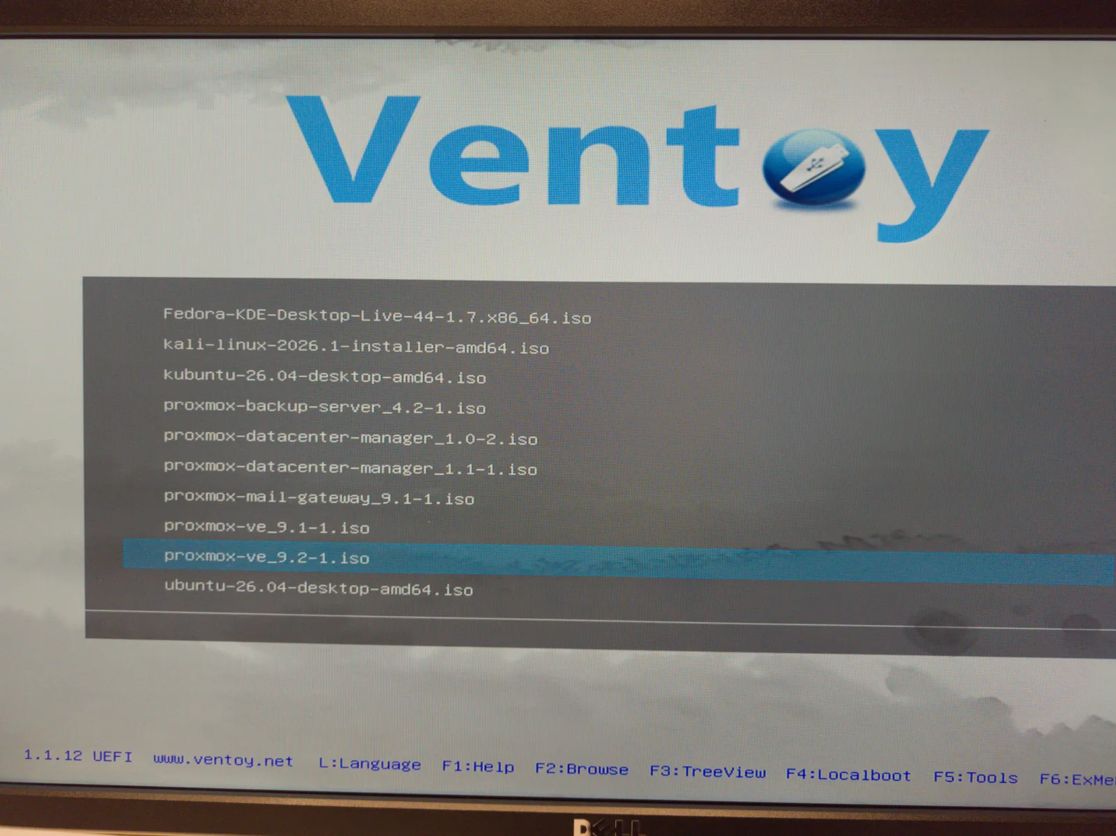 Ventoy’s menu with several ISO files, proxmox-ve_9.2-1.iso selected