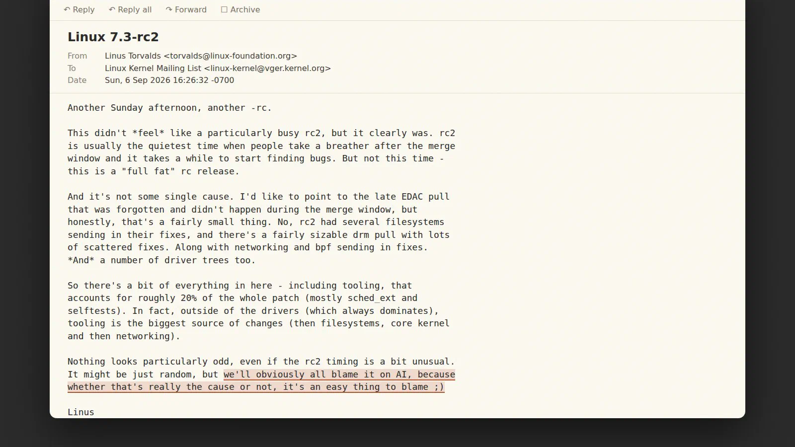 Torvalds joked about blaming AI for Linux 7.3-rc2 — what actually happened