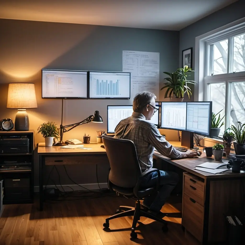 A man in his early 50s developing computer software